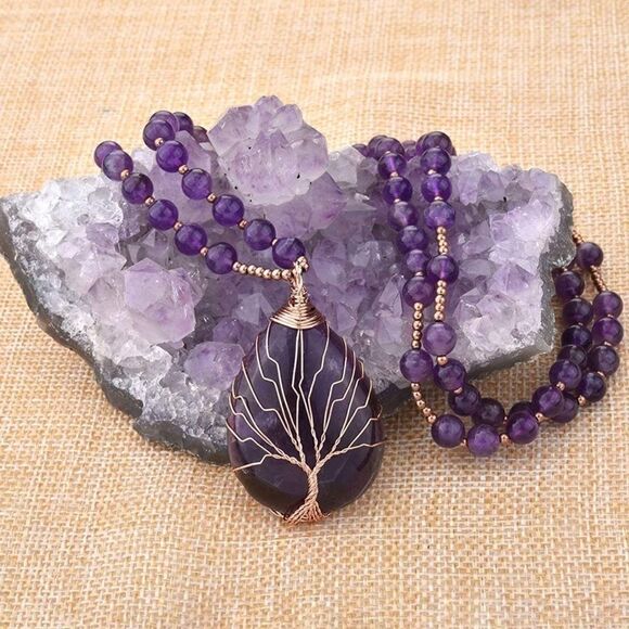 Copper and Natural Amethyst Crystal Tree of Life Pendant Necklace - Picture 3 of 6
